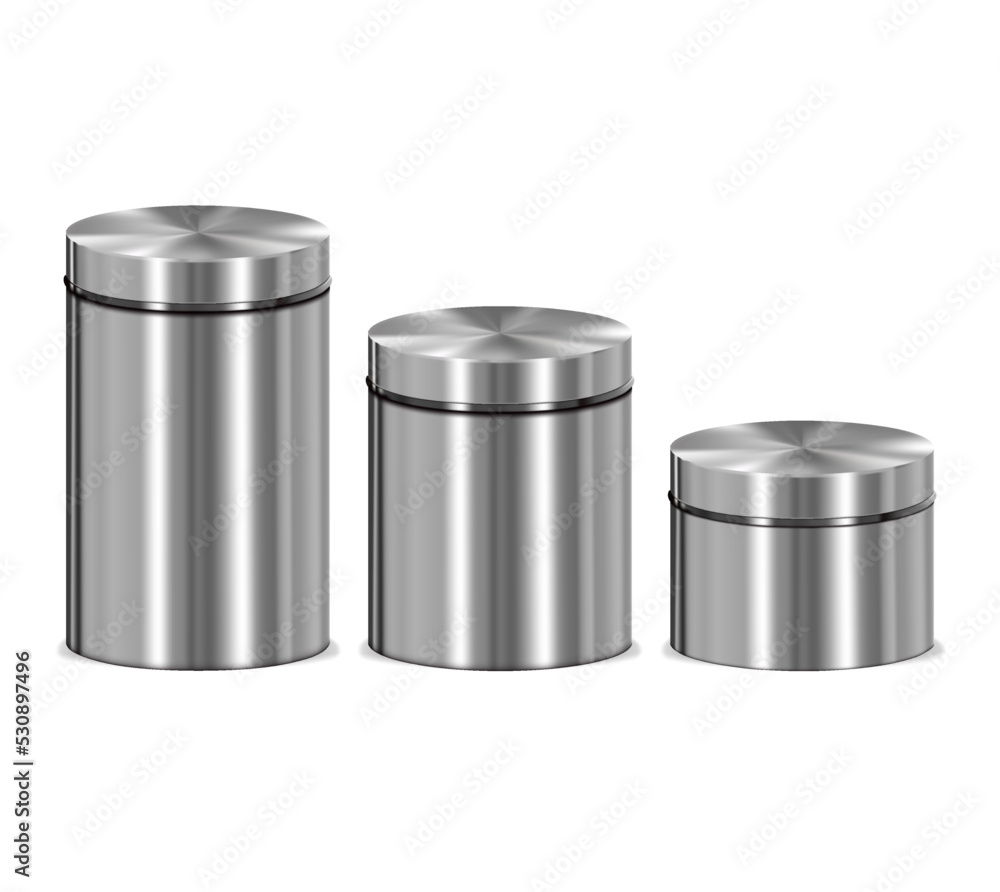 Poster realistic detailed 3d different metal tin can set isolated on a white background template container 