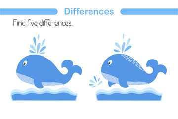 Whale sea animal swimming among the waves, find the differences printable educational activity worksheet for kids, nursery, kindergarten, pre-school, simple cartoon water animal vector illustration