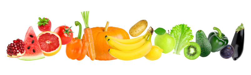 Fruits et légumes de couleur isolés sur fond transparent. Notion de nourriture. Format PNG