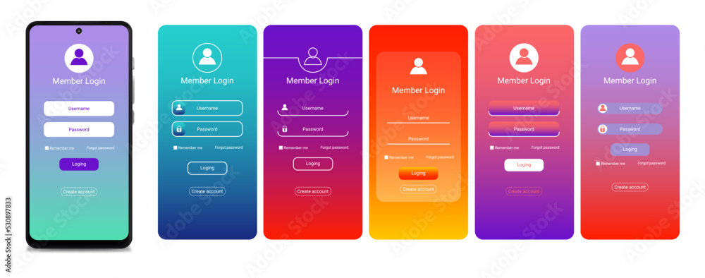Poster realistic detailed 3d mobile phone screen with login form template vibrant color ui design. vector i