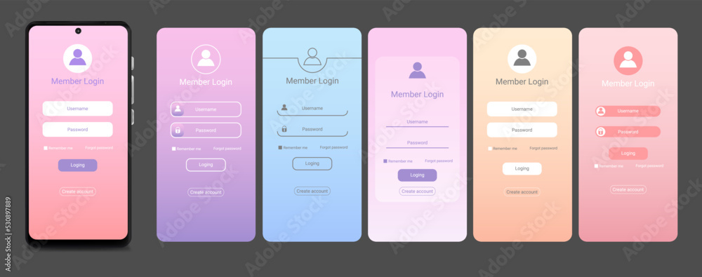Poster realistic detailed 3d mobile phone screen with login form template pastel color interface design. ve