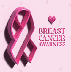 pink 3d ribbon  breast cancer awareness template or post design