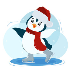 penguin in a hat and scarf skating, winter entertainment, cold
