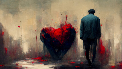 Man sad and depressed after breakup with giant and bloody symbolic heart. Heartbreak digital painting illustration. - obrazy, fototapety, plakaty