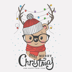 Cute little bear with deer horns, christmas garland, knitted cap, scarf. Christmas card. New Year. Season's Greetings