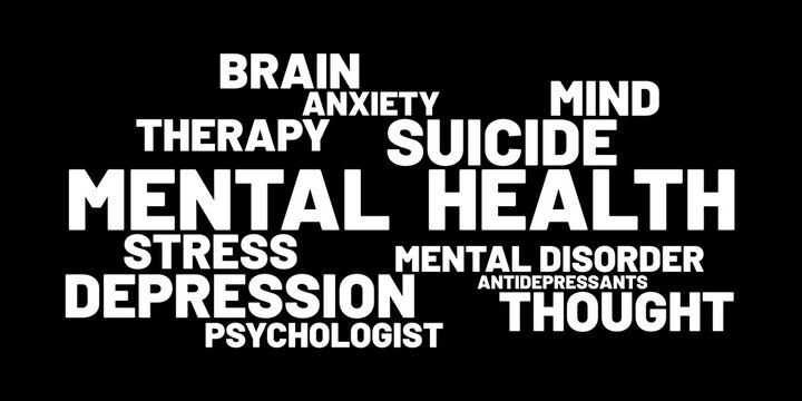 Mental health - word cloud - mental disorder, depression, anxiety, suicide and suicidal ideation,and antidepressant. Psychological problem and trouble. Vector illustration.