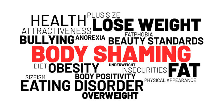 Body shaming - word cloud. Negative assault because of overweight, underweight, obesity, being fat and obese. Problem of body image, beauty standard and norm of physical appearance. Vector.