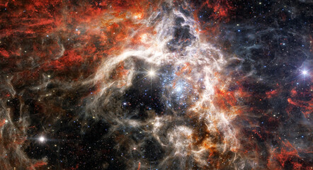 Tarantula Nebula, 30 Doradus, NGC 2070, Star forming region in the deep space. Gas accumulation in outer space. James webb telescope. Space landscape. JWST. Elements of this image furnished by NASA.