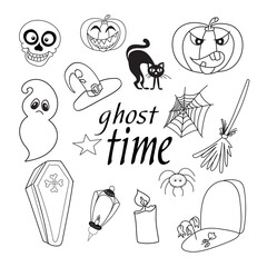 Collection of black and white drawings for Halloween. Hand-drawn individual elements. Pumpkin jack, spider web, spider, black cat, broom, ghost, grave, monument, coffin, skull, hat, lantern.