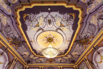 Painted ceiling in the interior of the Lilac (Large) living room in the Rukavishnikovs' estate in Nizhny Novgorod. Russia