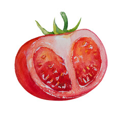 Watercolor illustration with cut tomato isolated on white background.Hand drawn vegetable slice with stem. Decorative element for menu, juice, ketchup, organic food packaging design. Sauce ingredient.