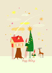 Christmas greeting card with tree house and funny gnomes