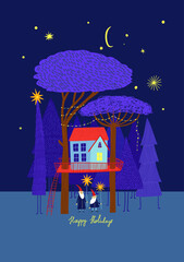 Christmas card with tree house and gnomes - 530900809