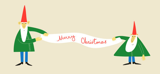 Funny gnomes holding banner with text Merry Christmas