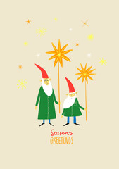 Christmas card with gnomes holding star lanterns