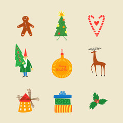 Set of isolated cartoon Christmas and winter icons