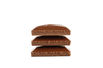 Stack of chocolate bars isolated on a white background. Pieces of chocolate.