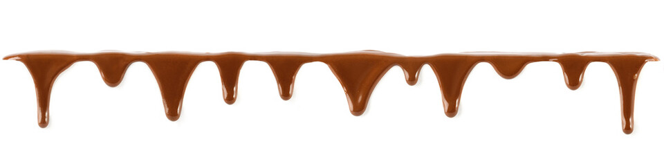 Banner with Liquid chocolate sauce, syrup is dripping. Melted chocolate drops of sweet dark milk chocolate sauce on white background.