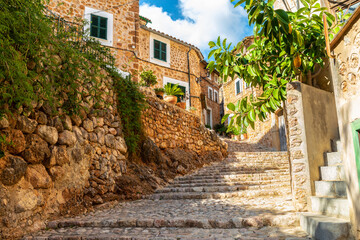 Fototapeta na wymiar Calle empedrada en Fornalutx, un bonito pueblo en las montañas de la Serra de Tramuntana de Mallorca, con casas de piedra que mantienen su carácter. Islas Baleares, España. 