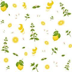 Collection of seamless patterns with the
image of mint and lemon and ginger and honey