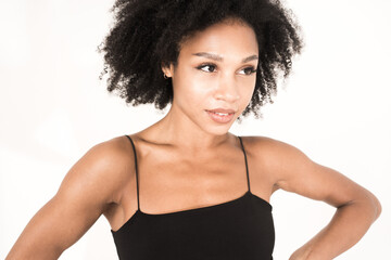 Woman smiling portrait of clean skin in studio on white background