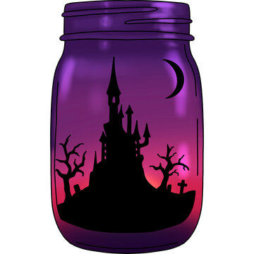 Illustration of a Halloween landscape in a jar of isolated
