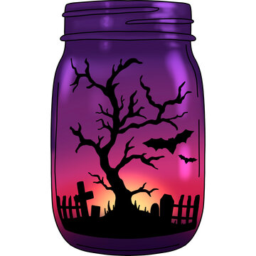 Illustration of a Halloween landscape in a jar of isolated