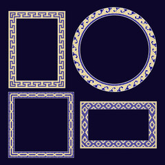 Set of vector mosaic frames in blue and gold colors. For shaping photos, paintings and any classic project.