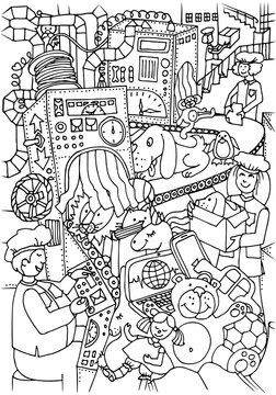 Coloring page for kids. Toy factory. Conveyor. Waiting for Christmas. Hand drawn vector. Coloring book. Worksheet.