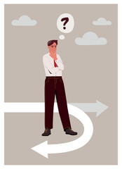 Wrong business decision concept. Confused male entrepreneur turned off intended business path. Recession and financial crisis in company. Return to starting point. Cartoon flat vector illustration