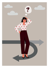 Wrong business decision concept. Frustrated woman entrepreneur experiencing economic hardship and turning back. Change in financial trend and business regression. Cartoon flat vector illustration