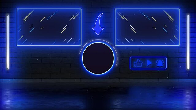 Blue neon end screen. Subscribe button and outro for gaming and video channels