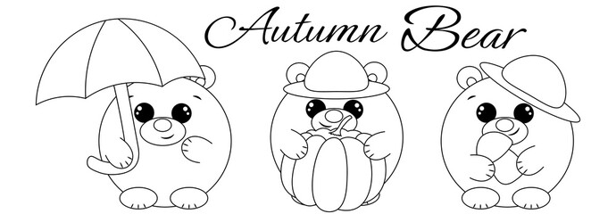 Set Autumn Cute Bear. Draw illustration in black and white
