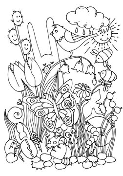 Coloring page for kids. Spring or summer illustration with butterfly, bunny, beetle, bees and flowers. Hand drawn vector illustration. Coloring book. Worksheet.