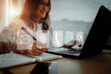 woman using laptop, searching web, browsing information, contact, having workplace at home. concept...