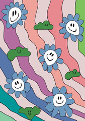 Psychedelic groovy hippie 70s stickers with funny cartoon flower, rainbow, peace, daisy, mushroom. Trendy retro funky cartoon good vibe 