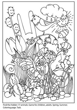 Coloring page with game find  hidden objects. Spring, summer illustration with butterfly, bunny, beetle, bees and flowers. Coloring book. Education worksheet. Hand drawn vector illustration