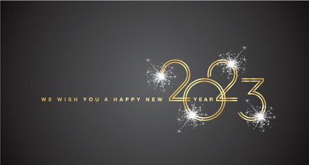 We wish You a Happy New Year 2023 gold double line design numbers with white sparkle firework black background greeting card