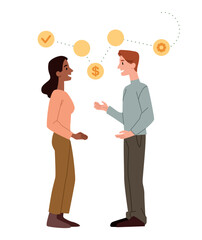 Business activity concept. Young man and woman entrepreneurs communicate, discuss financial strategy or project. Partnership, collaboration or teamwork. Cartoon modern flat vector illustration