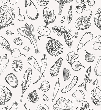Seamless pattern with autumn vegetables. Linear black and doodle sketch. Pumpkin, leaf, tomato, beetroot, eggplant, carrot, onion and radish. Fall harvest illustration for wallpaper, wrapping, textile