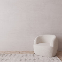 Modern white armchair on bright beige wall background, minimal interior space, 3d render