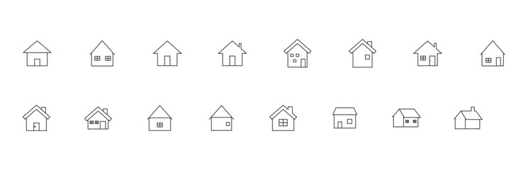 Simple monochrome house line icon set isolated on white background.