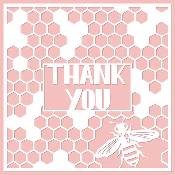 Thank You Card, Paper Cut Art Style, Paper Craft. Card Template With Bee And Honeycomb.