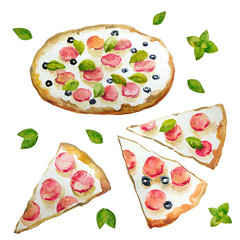 Pizza set. Italian food, watercolor meal illustration 