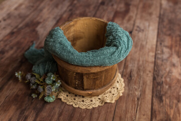 Basket with a background for a photo session of a baby.Basket for a newborn.