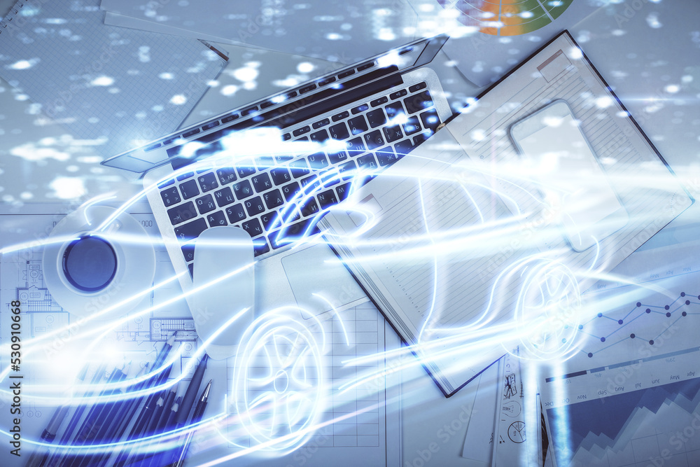 Aufkleber Auto pilot hologram drawing over computer on the desktop background. Top view. Double exposure. Tech concept.