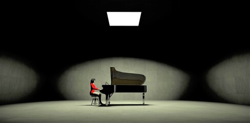A woman in a red blouse plays the piano in the rays of everything falling through a hole in the ceiling of a dark concrete room. 3d render.