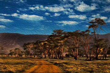 Trees and road in flat prairie at the Ngorongoro conservation area. A wildlife park located in the African savanna of Tanzania. Oil paint filter.