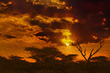 Sunset with silhouette of trees in the Serengeti National Park. A conservation area with wildlife in the African savanna of Tanzania. Oil paint filter
