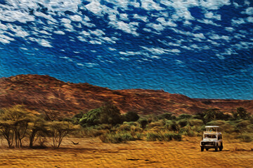 Off-road car in a flat prairie at the Serengeti National Park. A conservation area with wildlife in the African savanna of Tanzania. Oil paint filter.